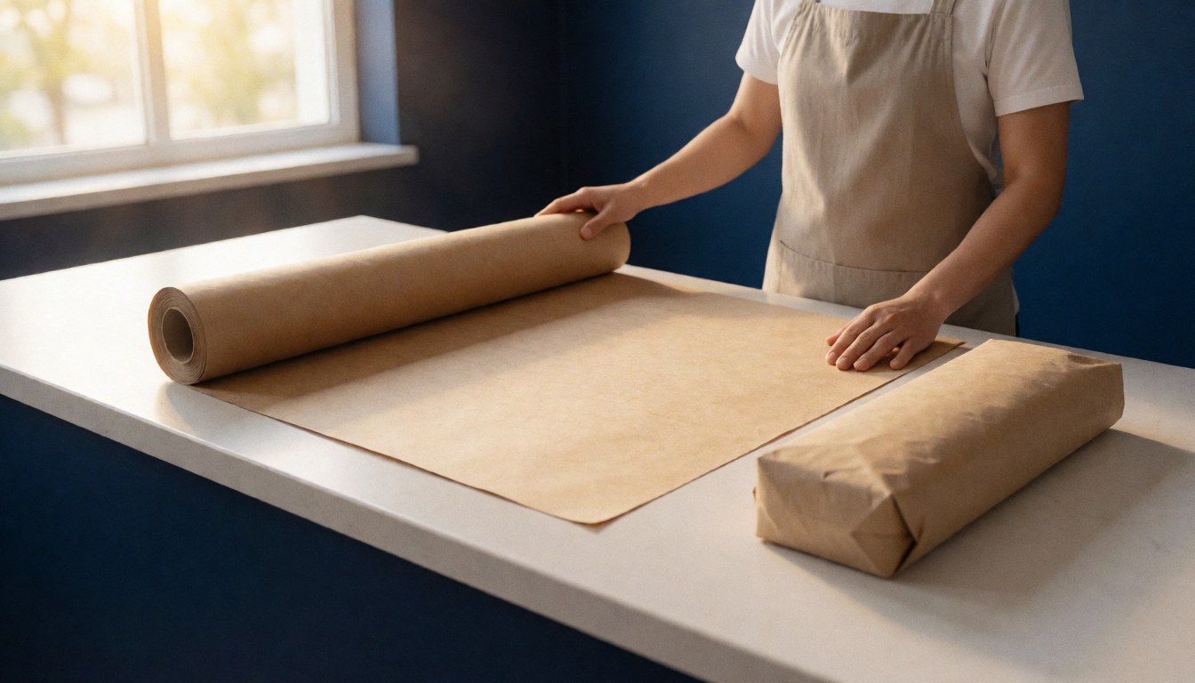 A person wearing an apron unrolls a roll of brown kraft paper on a white table near a window with natural light in a tidy workspace.