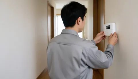 Back view of heating repair technician in gray uniform installing a white carbon monoxide detector on a residential hallway wall.