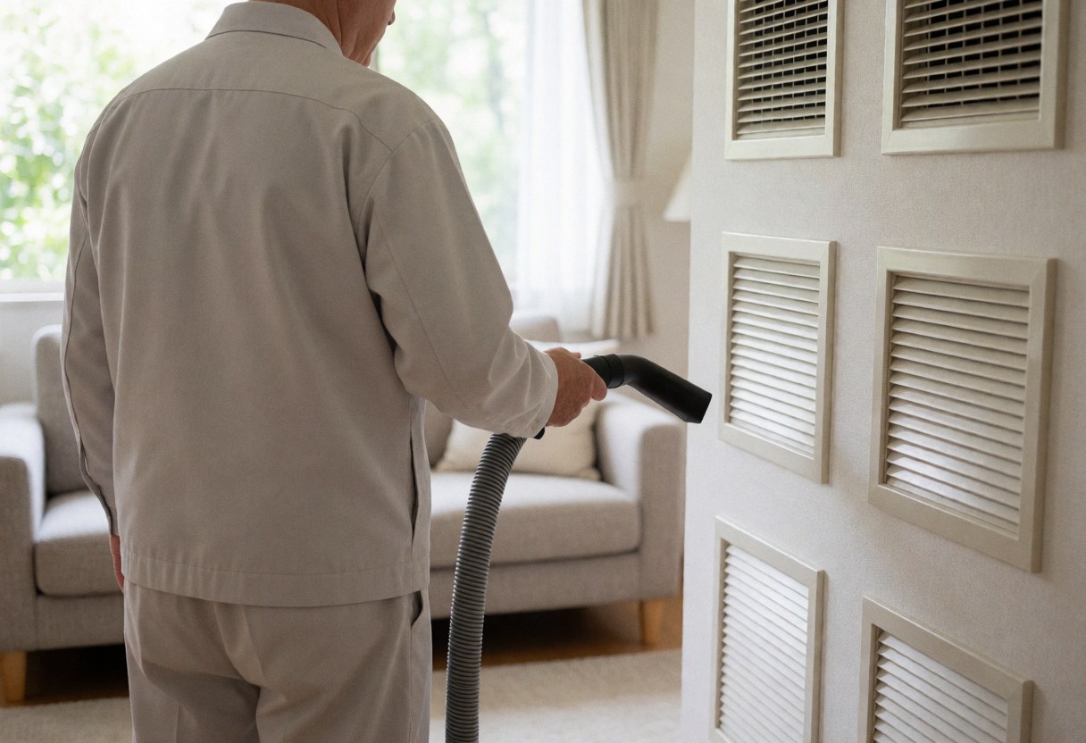 HVAC technician cleaning heating vents with a vacuum cleaner in a living room with a sofa and natural light