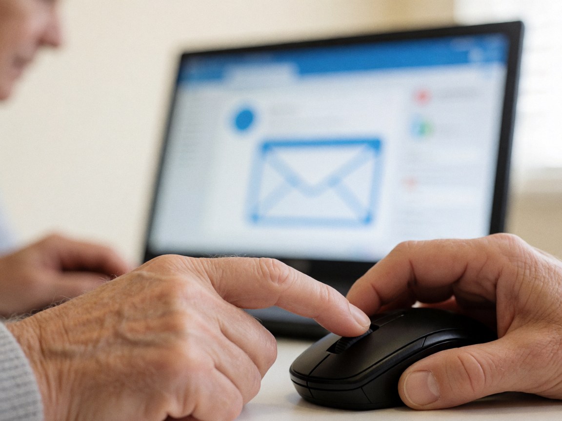 Close-up of an adult finger pressing the right-click button on a black computer mouse with a blurred email screen in the background.
