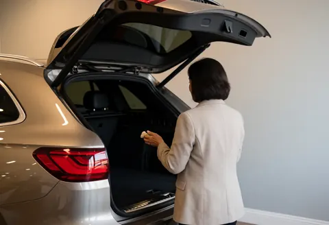 Back view of a professional loading items into the trunk of a luxury SUV against a light gray wall with soft lighting.