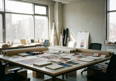 Spacious design office featuring a large table, fabric rolls, and color samples near windows with natural light, creating an organized creative space for wedding planning.