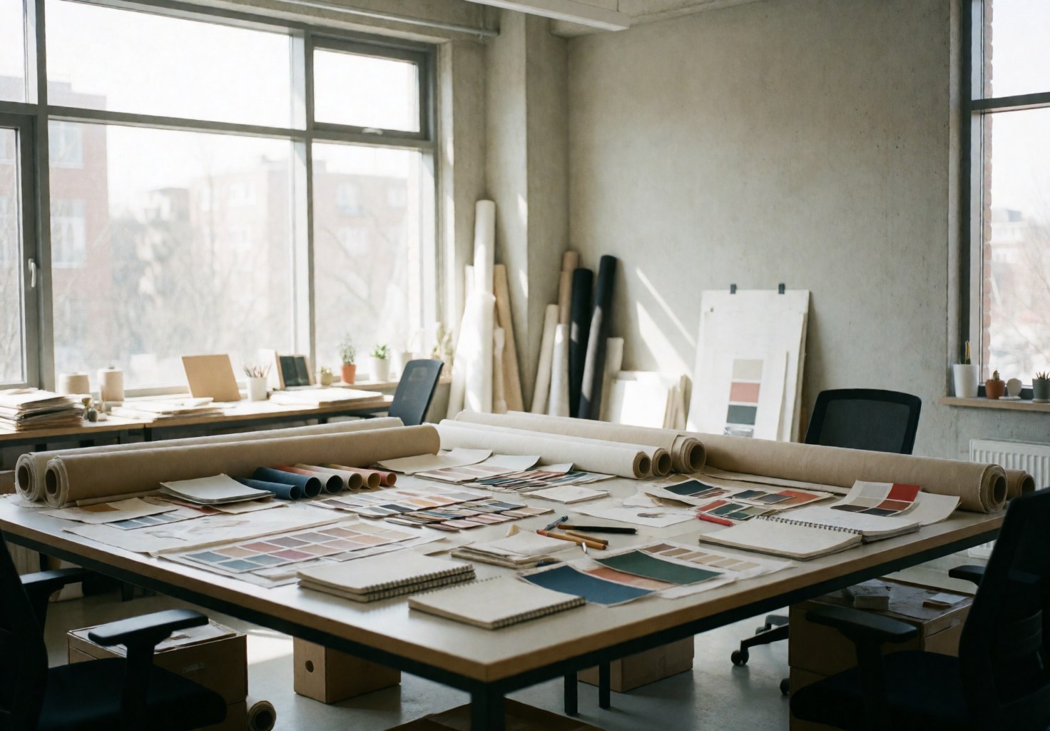 Spacious design office featuring a large table, fabric rolls, and color samples near windows with natural light, creating an organized creative space for wedding planning.