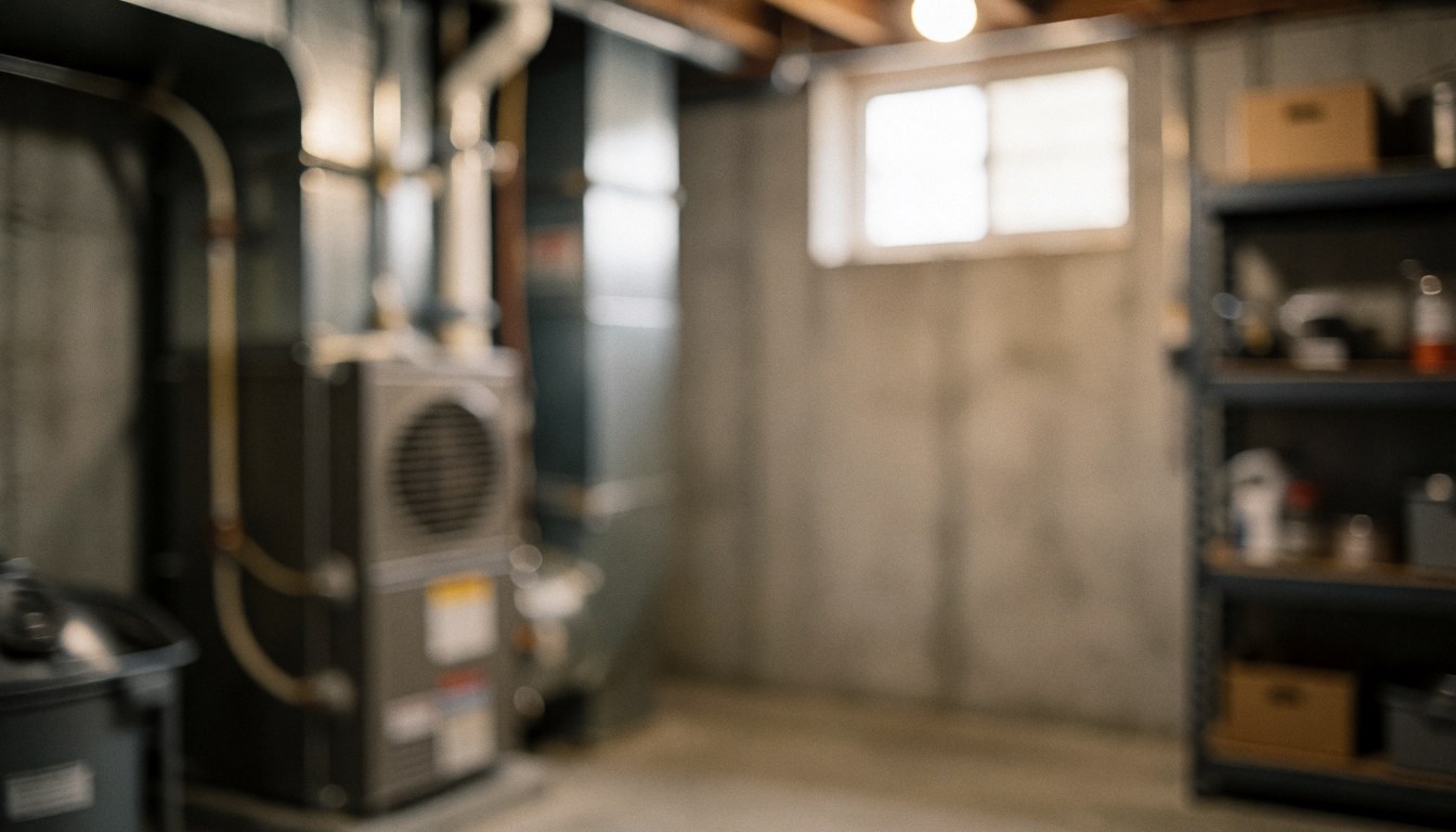 Out of focus background of a heating workshop featuring a boiler, shelving unit, and window, suitable for commercial text overlays