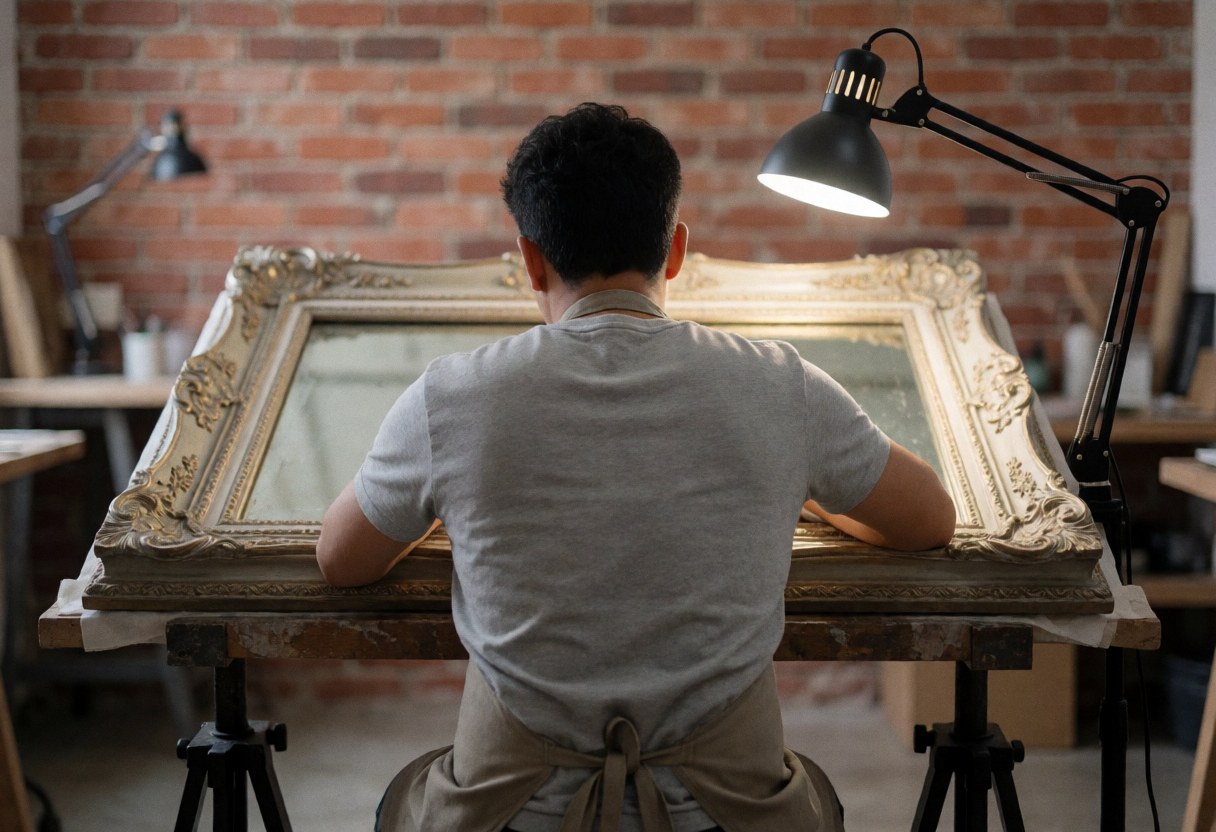 A conservator carefully works on an antique mirror frame under a lamp in a brick-walled workshop