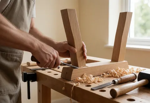 A carpenter wearing an apron works on a wooden table leg, with wood shavings and tools on a workbench