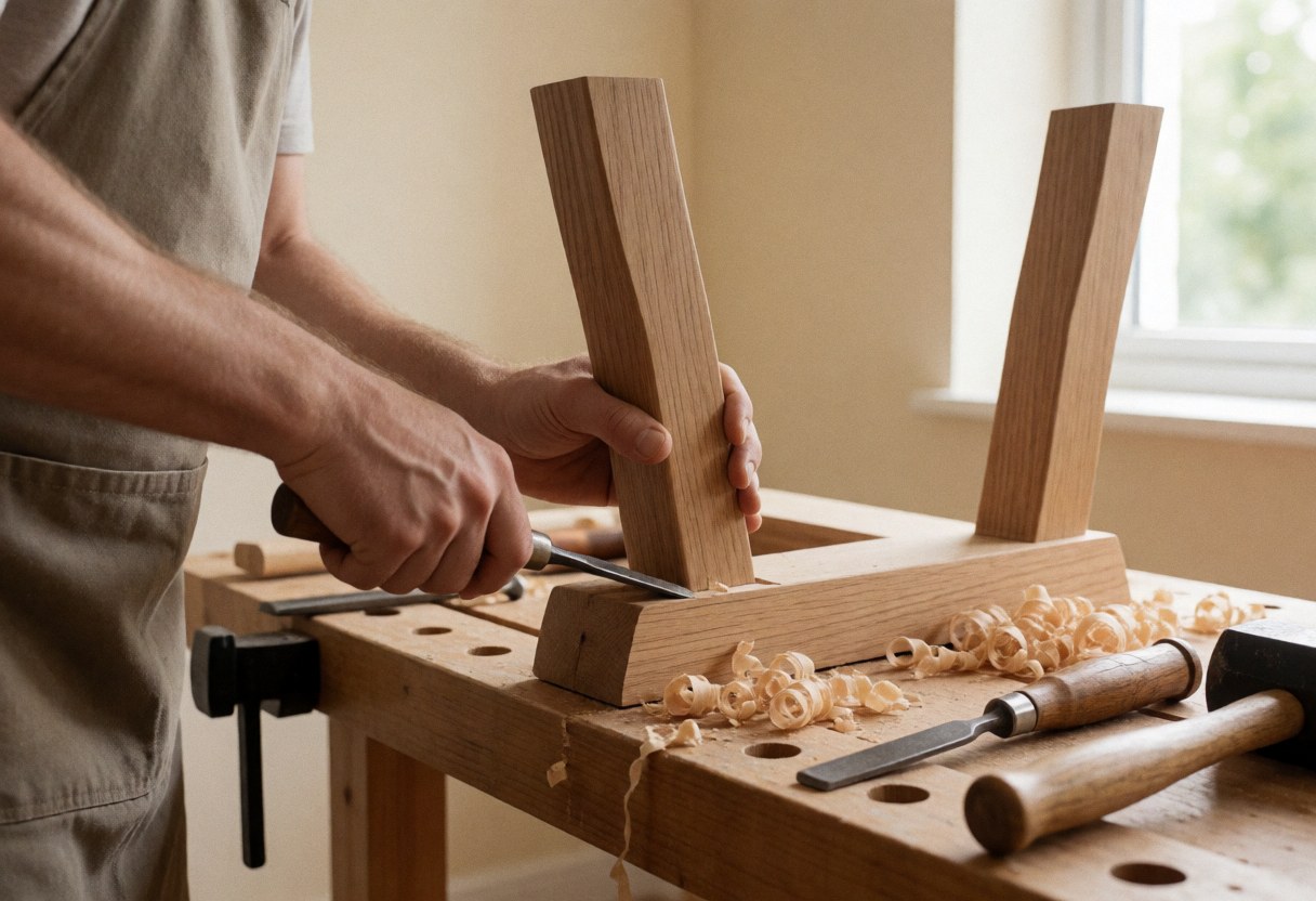 A carpenter wearing an apron works on a wooden table leg, with wood shavings and tools on a workbench
