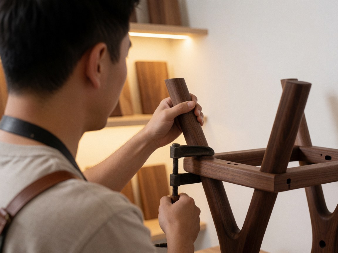 Carpenter in leather apron screwing a walnut table leg in a warm workshop with wooden shelves
