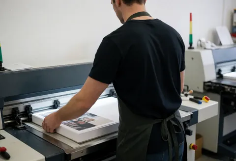 A professional worker in an apron adjusts a stack of paper on an industrial paper cutter in a workshop with white walls and machinery.
