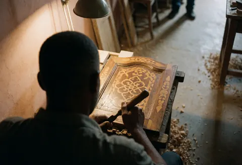 Carpenter using a chisel to restore intricate marquetry on an antique wooden door in a workshop with warm light and wood shavings on the floor