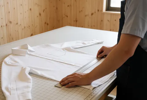 A professional tailor measures a white shirt on a cutting table using a metal ruler in a well-lit workshop with light wood walls.