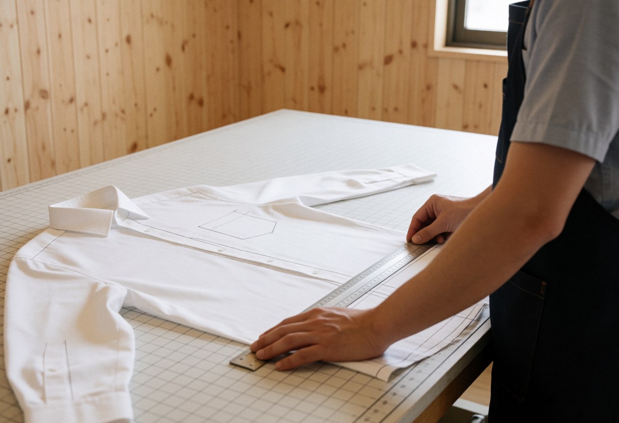 A professional tailor measures a white shirt on a cutting table using a metal ruler in a well-lit workshop with light wood walls.