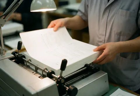 A worker in a gray uniform places a stack of white papers into a thermal binding machine, with warm light highlighting the metal rollers and blurred office background.