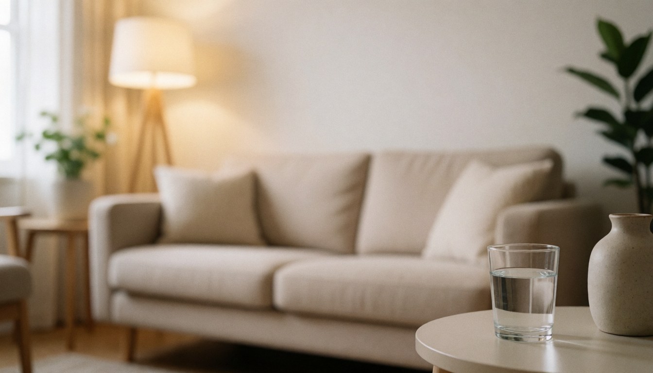 Warm blurred background of a living room with beige sofa, lamp, and table with water glass and vase, ideal for text overlay
