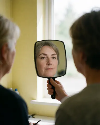 A satisfied customer examines her newly laminated eyebrows in a handheld mirror near a window with natural light.