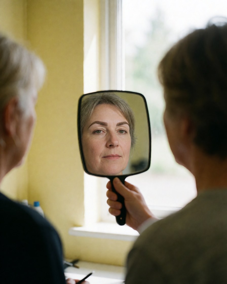 A satisfied customer examines her newly laminated eyebrows in a handheld mirror near a window with natural light.