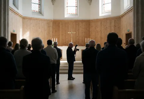 Professional wedding photographer using flash to capture a church ceremony with altar, candles, and natural light.