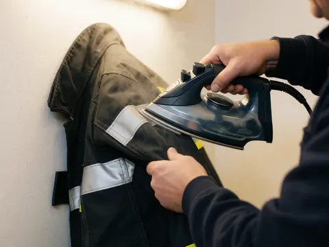 A hand presses a steam iron over the reflective stripe of a dark firefighter jacket in a white-walled workshop.