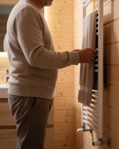 A man in a wooden bathroom takes a warm towel from a heated radiator, creating a cozy and comfortable home atmosphere.