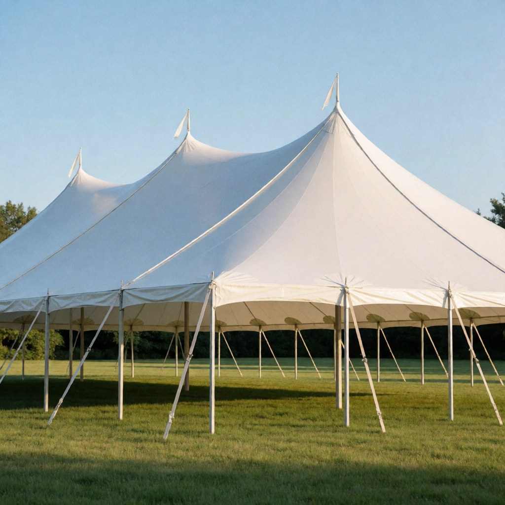 A large white canopy tent securely installed on a green lawn under a clear blue sky, perfect for outdoor wedding events