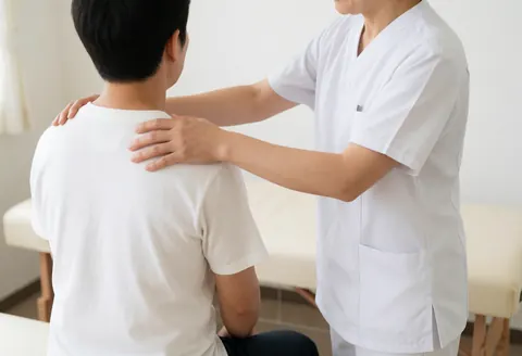 Therapist in white uniform massaging a seated client's shoulder in a sports clinic with natural light and blurred background