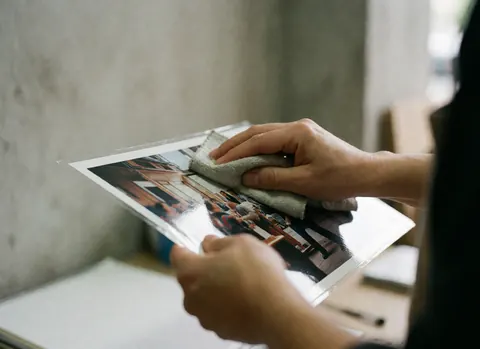 A hand uses a soft cloth to clean a photograph showing a street scene against a concrete wall with natural lighting.