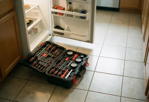 Open toolbox containing screwdrivers and pressure gauges sits on the kitchen floor next to an open refrigerator filled with food items.