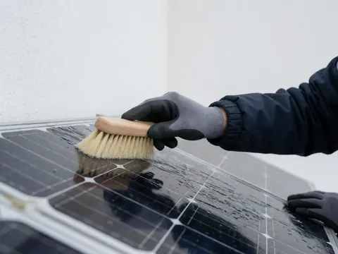 Gloved hand using a soft brush to clean snow from a wet solar panel reflecting light against a white wall