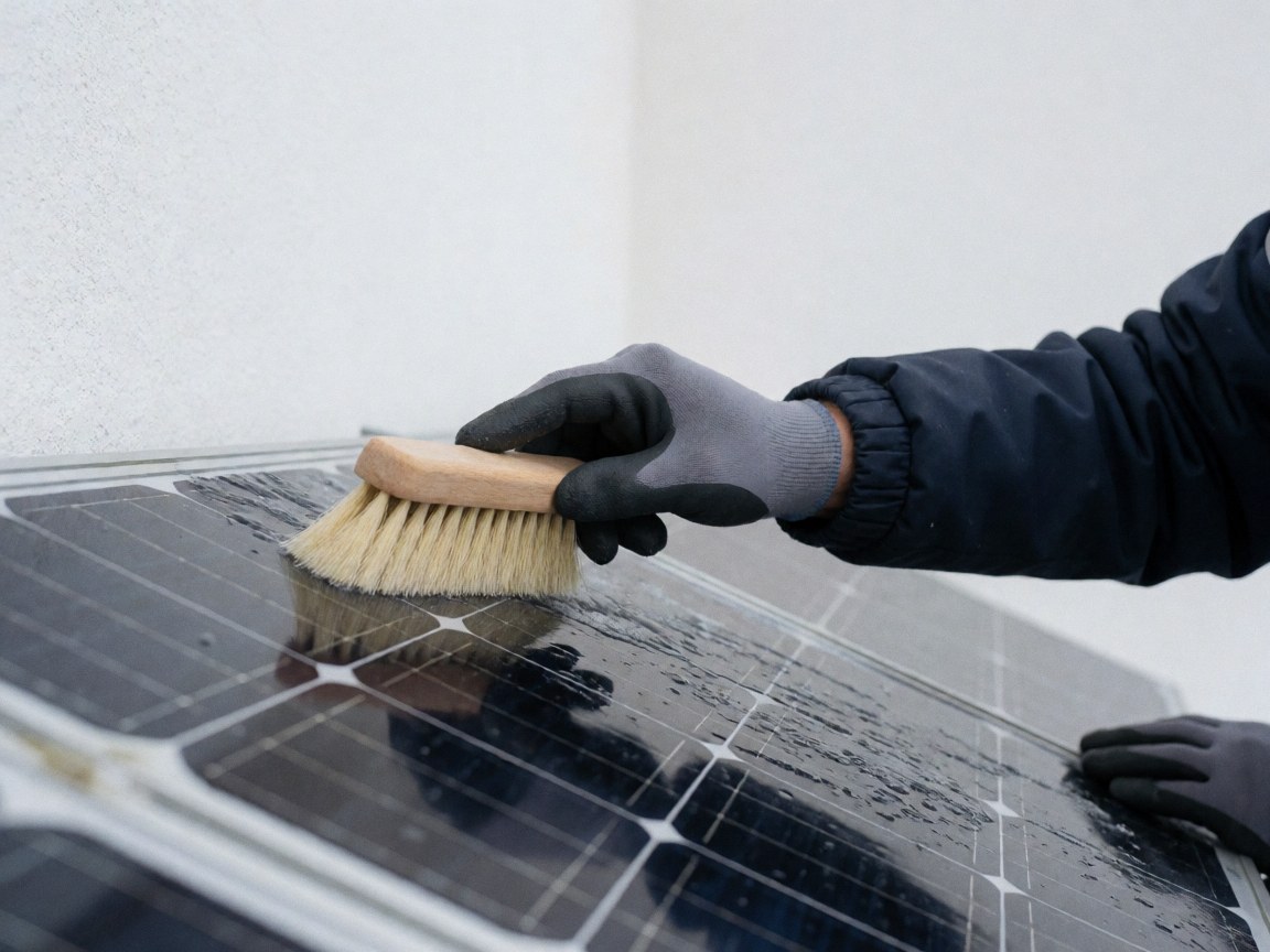 Gloved hand using a soft brush to clean snow from a wet solar panel reflecting light against a white wall