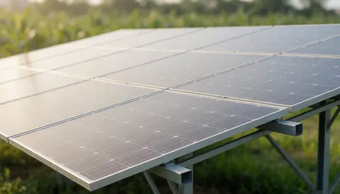 Professional background of solar panels mounted on a metal frame with blurred green vegetation and warm diffuse light, ideal for solar energy maintenance text.