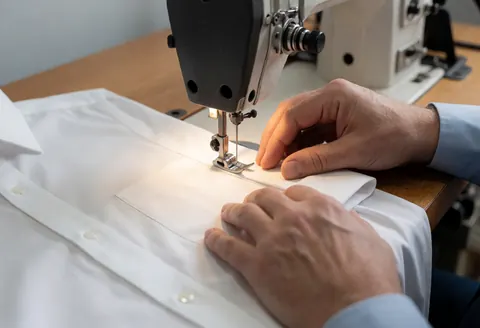 Adult hand guiding a white shirt under the needle of an industrial sewing machine on a wooden table with gray walls for formal clothing repair.