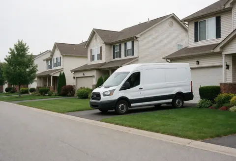 Unmarked white van parked on a quiet residential street in front of houses with gardens, suitable for home stove repair services.