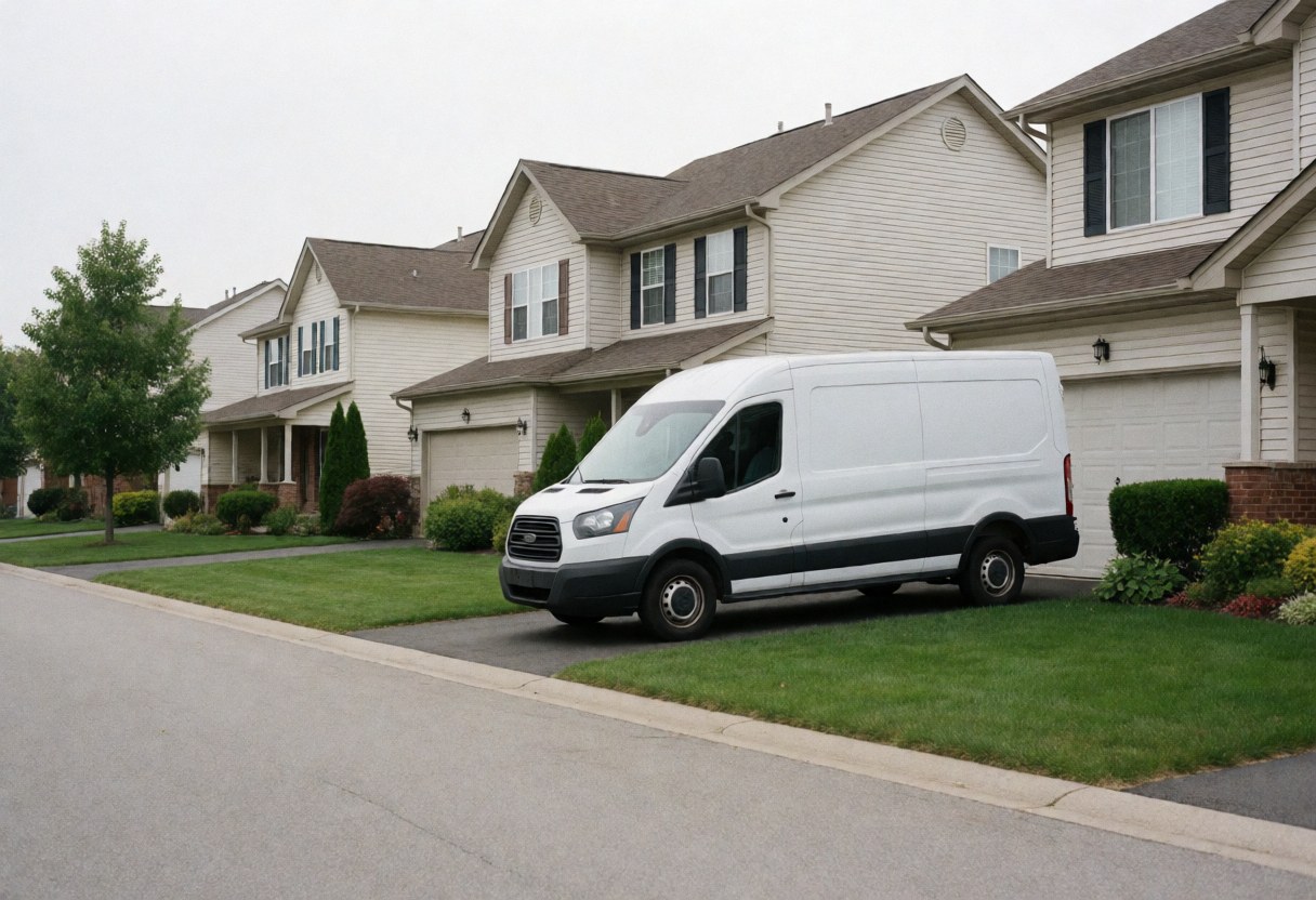 Unmarked white van parked on a quiet residential street in front of houses with gardens, suitable for home stove repair services.