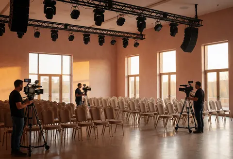 Three videographers with professional cameras on tripods capturing an event room with chairs and stage lights and warm window lighting