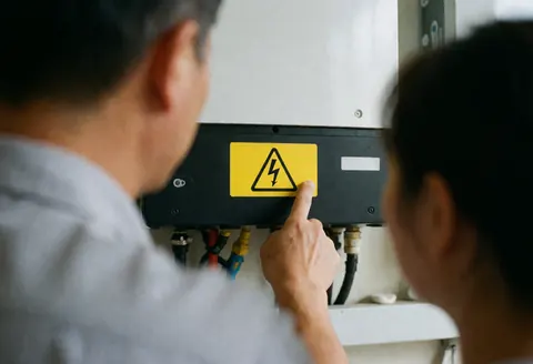 A technician points to a yellow lightning bolt warning label on a wall-mounted solar inverter while another person observes closely.