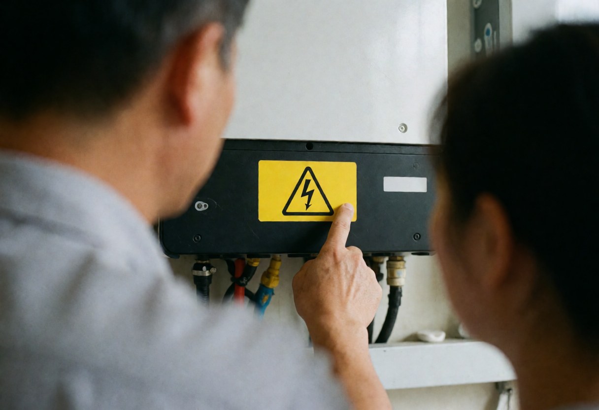 A technician points to a yellow lightning bolt warning label on a wall-mounted solar inverter while another person observes closely.