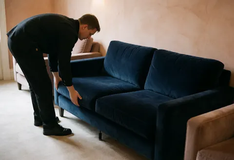 A technician carefully positions a deep blue sofa in a room with terracotta walls and light carpeting, demonstrating professional furniture setup.