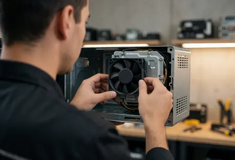 Close-up of technician installing a new cooling fan inside a microwave oven during repair service