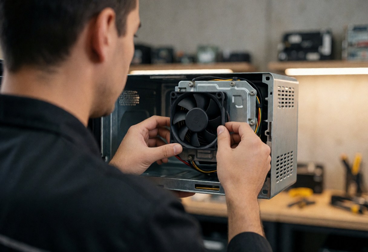 Close-up of technician installing a new cooling fan inside a microwave oven during repair service