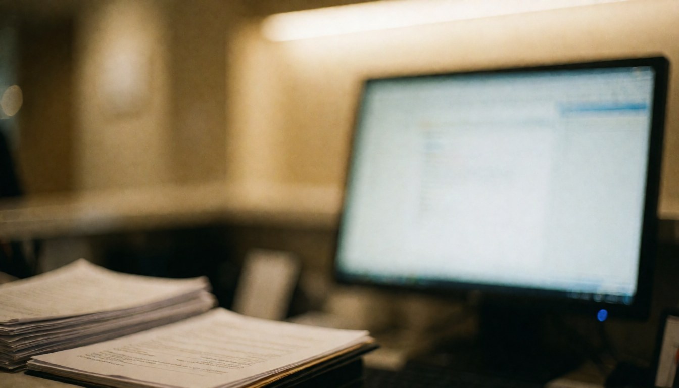 Office desk featuring a computer monitor and a stack of papers, illuminated by warm light with a blurred background suitable for professional service text overlays.