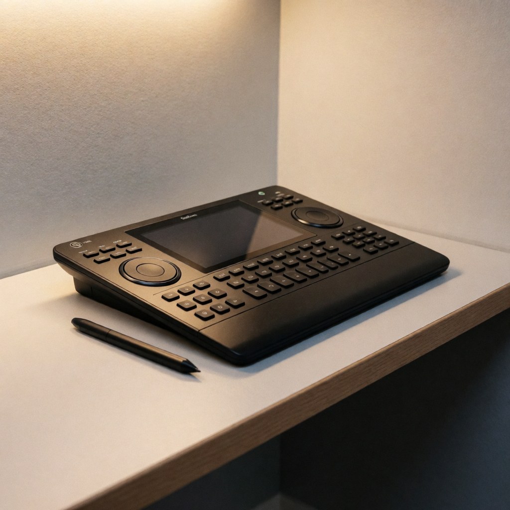 A black control panel with a keyboard and wheels sits on a white desk next to a pencil, against gray walls with warm lighting.