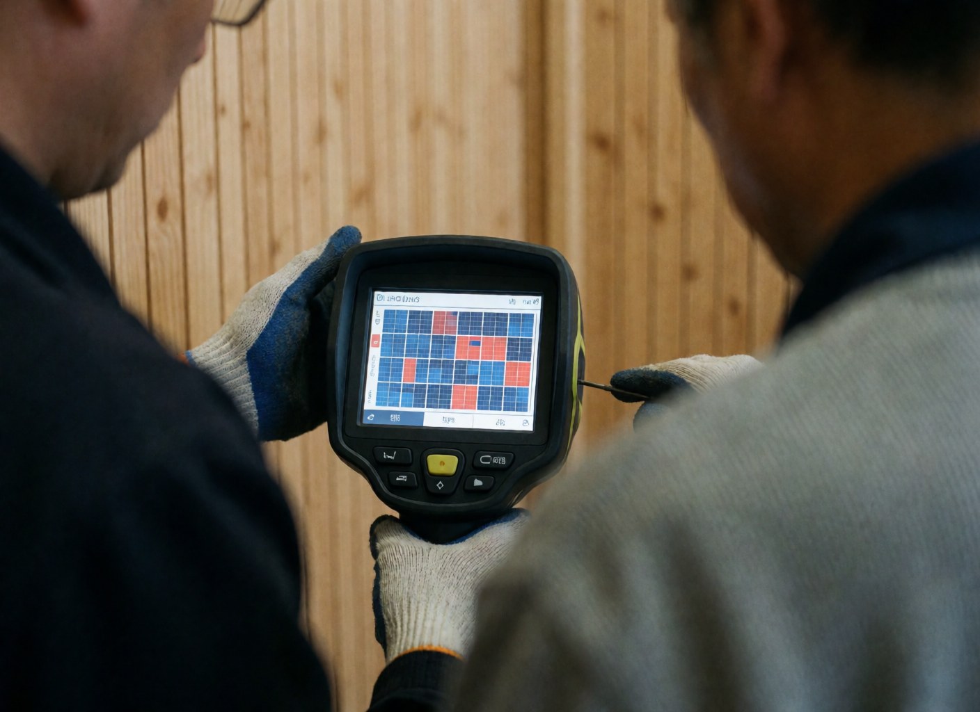 Two technicians wearing gloves check a solar thermography screen showing hot and cold zones against a wooden wall background