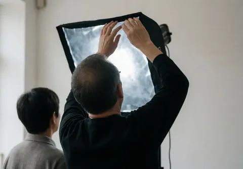 Professional videographer adjusting a light softbox in a white studio while another person stands in the background observing the work.