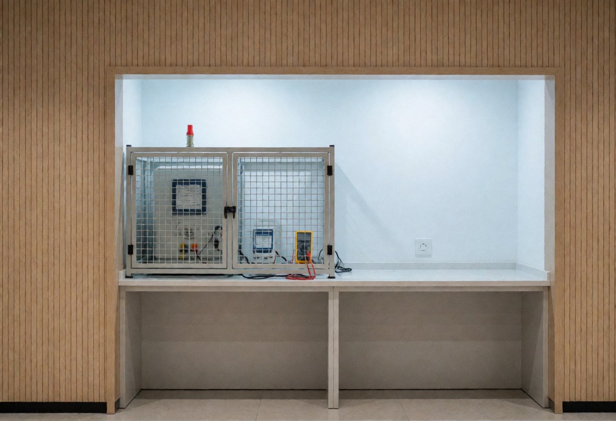 Microwave test zone featuring a safety box, meters, and light wood walls in a clean space prepared for technical verification.