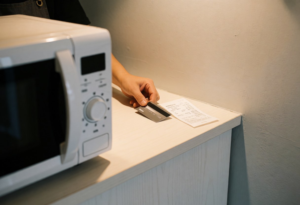 Adult hand placing credit card on counter next to receipt with white repaired microwave in foreground, warm professional atmosphere