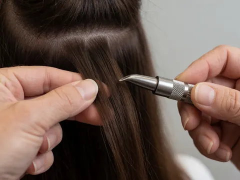 Close-up of a metal tool applying a hair extension closure with thermal adhesive, showing the bond and natural hair against a blurred background.
