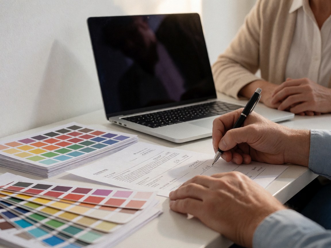 Close-up of a hand signing a financial document on a white desk with color palettes and a laptop, showing event planning details.