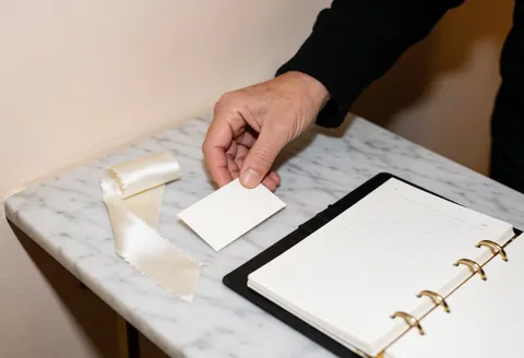 Adult hand placing a business card beside a silk ribbon sample on a white marble table with an open notebook nearby