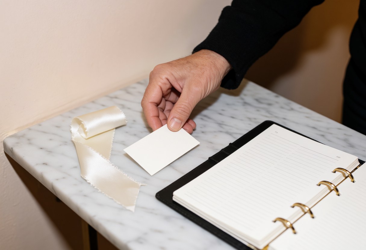 Adult hand placing a business card beside a silk ribbon sample on a white marble table with an open notebook nearby