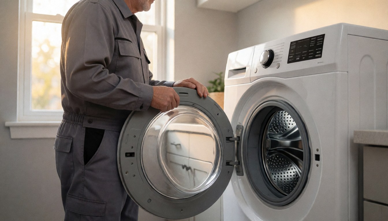 Technician in gray uniform fixing a front load washing machine in a modern laundry room with natural light and blurred background